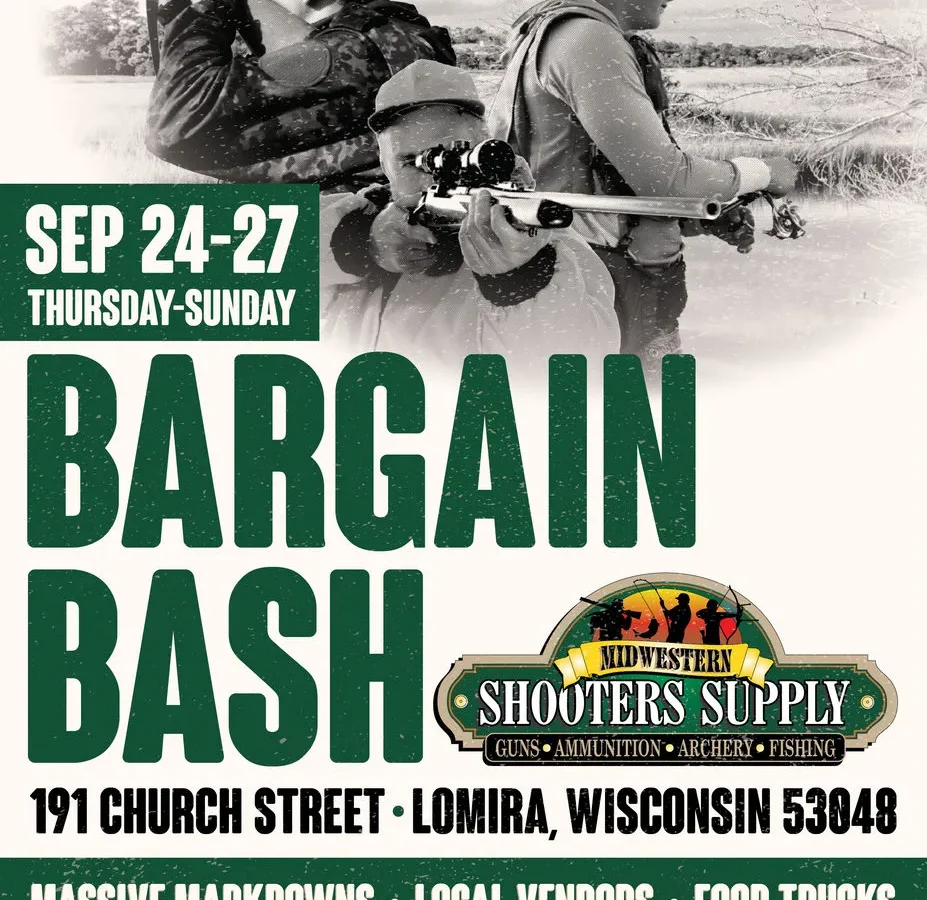 Black and white photo of hunters with rifles and binoculars in outdoor setting; green text reads "SEP 24-27 THURSDAY-SUNDAY BARGAIN BASH" with Midwestern Shooters Supply logo and Lomira, Wisconsin add