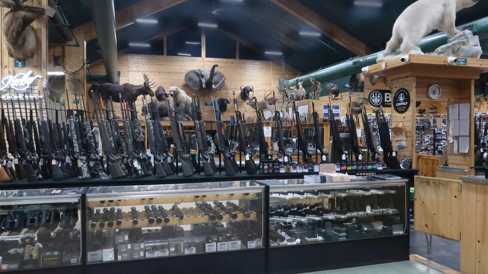 Interior of Midwestern Shooter's Supply gun store with display cases of ammunition and reloading supplies, wall-mounted rifles with animal trophy mounts above, and a polar bear figure on a pipe.