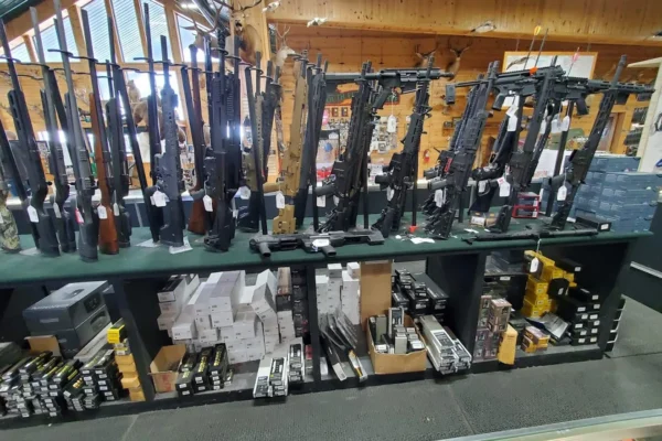 Gun store display with rifles on wall rack and ammunition boxes on shelves below.